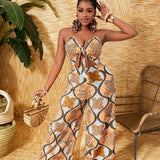 Slayr Leisure Vacation Wave Printed Halter Tie Front Hollow Out Wide Leg Jumpsuit