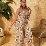 Slayr Leisure Vacation Wave Printed Halter Tie Front Hollow Out Wide Leg Jumpsuit