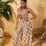 Slayr Leisure Vacation Wave Printed Halter Tie Front Hollow Out Wide Leg Jumpsuit