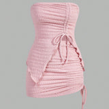 x Marika Sila  ICON Conjunto rosa de top y falda sin tirantes con detalles de cordon y borde con forma de lechuga