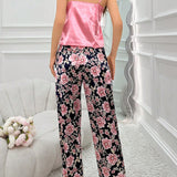 Conjunto De Pijama Incluye Una Camisola De Color Solido Y Pantalones Pajamas De Pierna Ancha Con Estampado De Flores