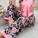 Conjunto De Pijama Incluye Una Camisola De Color Solido Y Pantalones Pajamas De Pierna Ancha Con Estampado De Flores