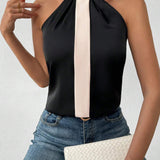 Blusa Con Cuello Halter Sin Mangas Y Bloques De Color