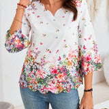 EMERY ROSE Camisa De Mujer Con Mangas A Media Altura, Cuello En V Con Escote De Concha Y Estampado Floral Posicionado