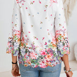 EMERY ROSE Camisa De Mujer Con Mangas A Media Altura, Cuello En V Con Escote De Concha Y Estampado Floral Posicionado