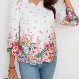 EMERY ROSE Camisa De Mujer Con Mangas A Media Altura, Cuello En V Con Escote De Concha Y Estampado Floral Posicionado