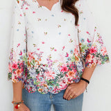 EMERY ROSE Camisa De Mujer Con Mangas A Media Altura, Cuello En V Con Escote De Concha Y Estampado Floral Posicionado