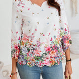 EMERY ROSE Camisa De Mujer Con Mangas A Media Altura, Cuello En V Con Escote De Concha Y Estampado Floral Posicionado