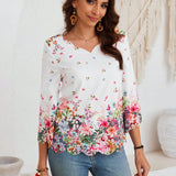 EMERY ROSE Camisa De Mujer Con Mangas A Media Altura, Cuello En V Con Escote De Concha Y Estampado Floral Posicionado