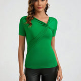 Clasi Camiseta De Mujer Verde Con Nudo Retorcido De Color Solido Para Primavera