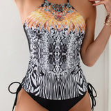 Swim Lushore Conjunto De Bikini De Cuello Halter Con Impresion Y Empalme