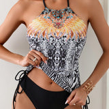 Swim Lushore Conjunto De Bikini De Cuello Halter Con Impresion Y Empalme