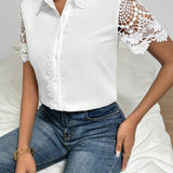 Prive Camisa De Mujer Con Botones Y Paneles De Encaje Blanco