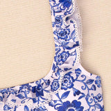 Conjunto De Bikini Azul De Ajuste Perfecto Con Decoracion De Dobladillo Con Volantes, Parte Inferior De Cintura Alta, Por Separado, Para Verano, Playa, Natacion