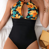 Swim Traje De Bano De Una Pieza De Mujer Con Estampado Floral, Diseno De Cuello Halter Y Vaciado, Carnaval