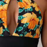 Swim Traje De Bano De Una Pieza De Mujer Con Estampado Floral, Diseno De Cuello Halter Y Vaciado, Carnaval