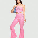 ROMWE J-Fashion Conjunto De Dos Piezas Con Estampado De Estrellas De Diamantes De Imitacion Sexy Y Lindo Para Mujer: Top De Tubo Corto Y Pantalones