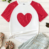 Playera De a Grande Con Parches De Lentejuelas En Forma De Corazon Y Manga Raglan