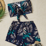 VCAY Conjunto De Dos Piezas Para Mujer Para Playa De Verano Con Estampado Tropical, Top De Tubo Con Corbata Frontal Y Shorts