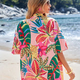 VCAY Conjunto De Blusa Kimono Y Pantalones Cortos Con Estampado De Plantas Tropicales Para Mujer