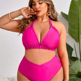 Swim Vcay Conjunto De Traje De Bano De Bikini Halter Con Cuello En V De Color Solido Para Mujer De Talla Grande