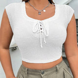 EZwear Plus Size Women's Texture T-Shirt With Front Tie Detail