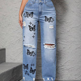 PETITE Jeans Para Mujer Con Mariposas Estampadas Y Desgastados