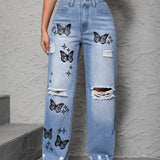 PETITE Jeans Para Mujer Con Mariposas Estampadas Y Desgastados