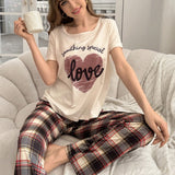 Conjunto De Pijama De Pantalones De Franela De Cuadros Impresos Con Letras Casuales Y Simples