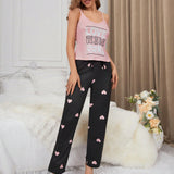 Women'S Letter Print Cami Top With Heart Print Long Pants Pajama Set
