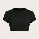 ICON Camiseta corta informal y sencilla de cuello redondo de unicolor de ajuste cenido para mujer