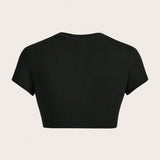 ICON Camiseta corta informal y sencilla de cuello redondo de unicolor de ajuste cenido para mujer