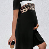 Vestido De Maternidad De Parches De Leopardo Estampado Con Diseno De Camiseta