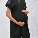 Vestido De Manga Corta Con Alas De Murcielago Para Maternidad Con Estampado De Corazon