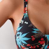 Swim Conjunto De Bikini De Triangulo De Color Solido Con Estampado Tropical