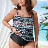 Swim Vcay Conjunto de Tankini de talla grande de verano, con parte superior de tirantes y estampado completo y braga triangular, ideal para carnaval de playa