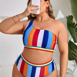 Swim Curve Traje De Bano De Tirantes Para Mujeres De Talla Grande Con Rayas Coloridas En El Hombro