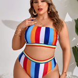 Swim Curve Traje De Bano De Tirantes Para Mujeres De Talla Grande Con Rayas Coloridas En El Hombro