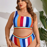 Swim Curve Traje De Bano De Tirantes Para Mujeres De Talla Grande Con Rayas Coloridas En El Hombro