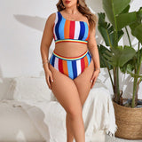 Swim Curve Traje De Bano De Tirantes Para Mujeres De Talla Grande Con Rayas Coloridas En El Hombro