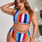 Swim Curve Traje De Bano De Tirantes Para Mujeres De Talla Grande Con Rayas Coloridas En El Hombro