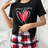 Conjunto De Pijama Con CamiConjuntoa Con Estampado De Corazones Y Pantalones Cortos A Cuadros