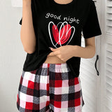 Conjunto De Pijama Con CamiConjuntoa Con Estampado De Corazones Y Pantalones Cortos A Cuadros