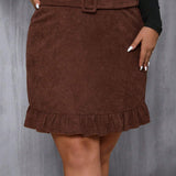 Frenchy Plus Size Women's Ruffle Hem Belted Corduroy Skirt