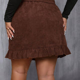 Frenchy Plus Size Women's Ruffle Hem Belted Corduroy Skirt