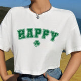 Camiseta De Manga Corta Suelta Con Cuello Redondo Y Estampado De Trebol De La Suerte Y Felicidad Para Mujeres, Adecuada Para El Dia De San Patricio En El Verano