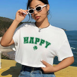 Camiseta De Manga Corta Suelta Con Cuello Redondo Y Estampado De Trebol De La Suerte Y Felicidad Para Mujeres, Adecuada Para El Dia De San Patricio En El Verano