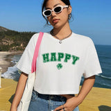 Camiseta De Manga Corta Suelta Con Cuello Redondo Y Estampado De Trebol De La Suerte Y Felicidad Para Mujeres, Adecuada Para El Dia De San Patricio En El Verano