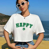 Camiseta De Manga Corta Suelta Con Cuello Redondo Y Estampado De Trebol De La Suerte Y Felicidad Para Mujeres, Adecuada Para El Dia De San Patricio En El Verano