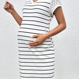 Vestido De Encaje Con Patchwork A Rayas Para Mujeres Embarazadas